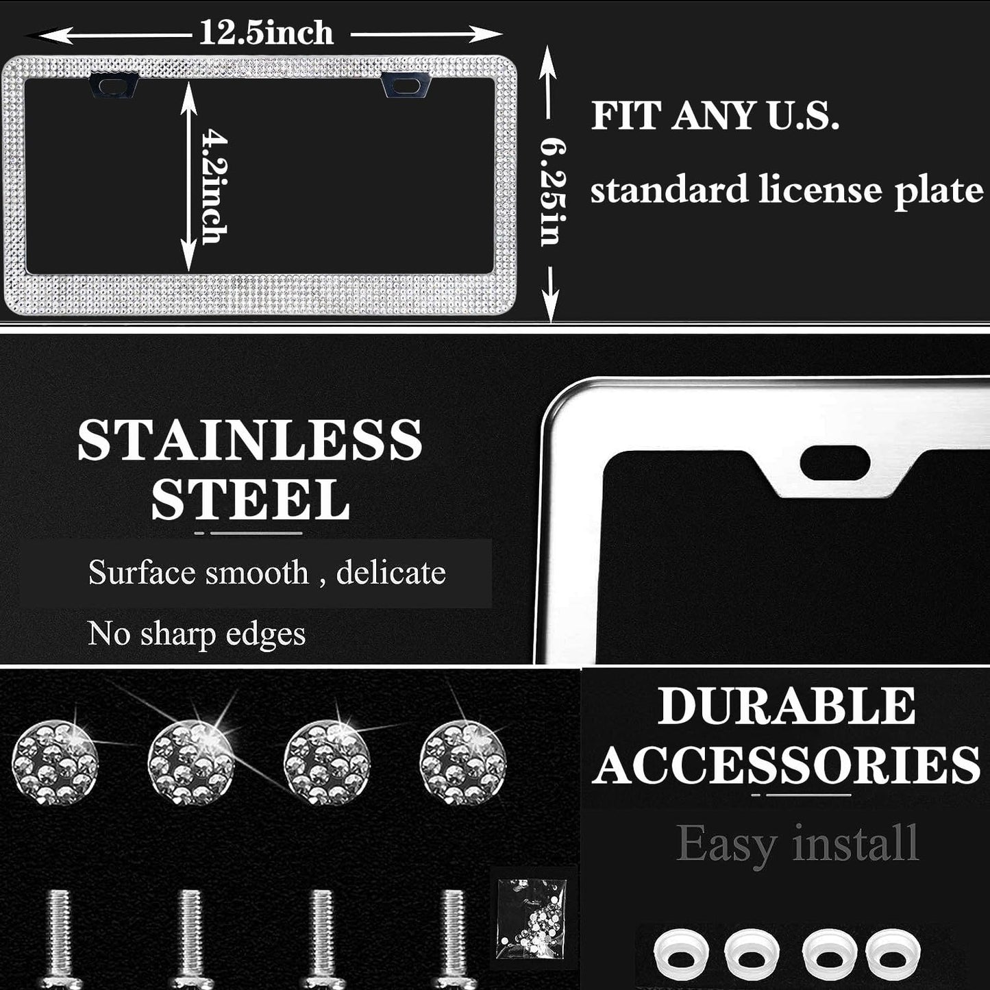 Narrow Diamond License Plate Frames 2 Pack- AIRXWILLS Rhinestone License Plate Frame for Women, Stainless Steel Sparkly Car Plate Frame, Bling Valve Stem Caps Included