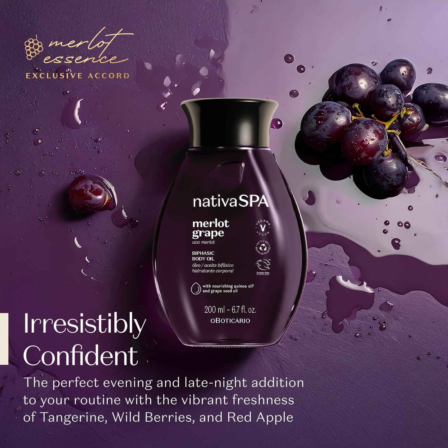 Nativa SPA by O Boticário Merlot Grape Biphase Body Oil, with Quinoa & Grapeseed Oils, Silky Glow with Hydration, 6.7 Ounce (200ml)