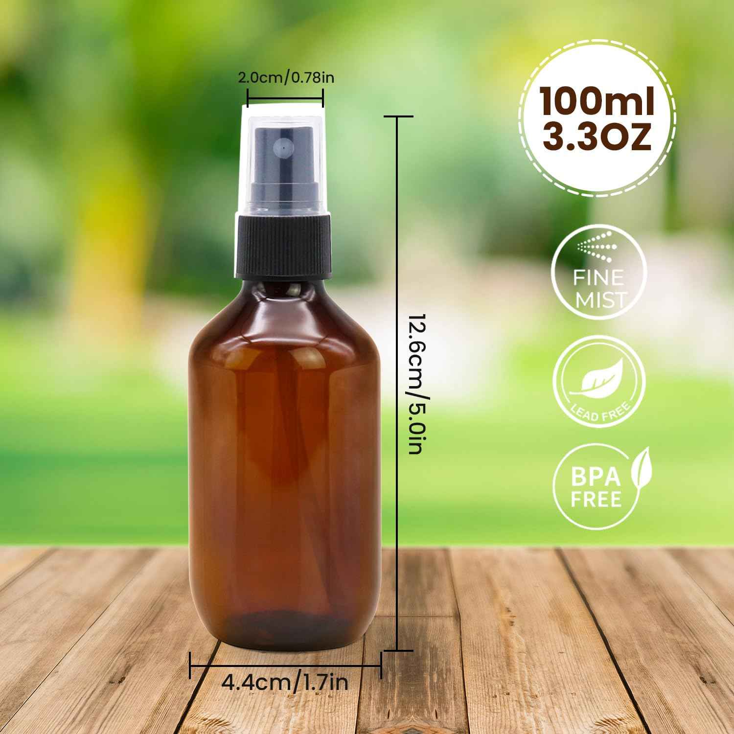 TRENDBOX 6 Pack 3.4oz Amber Spray Bottles, Small Fine Mist Mister Plastic Travel Bottles, Empty Bottles Set for Essential Oils Hair