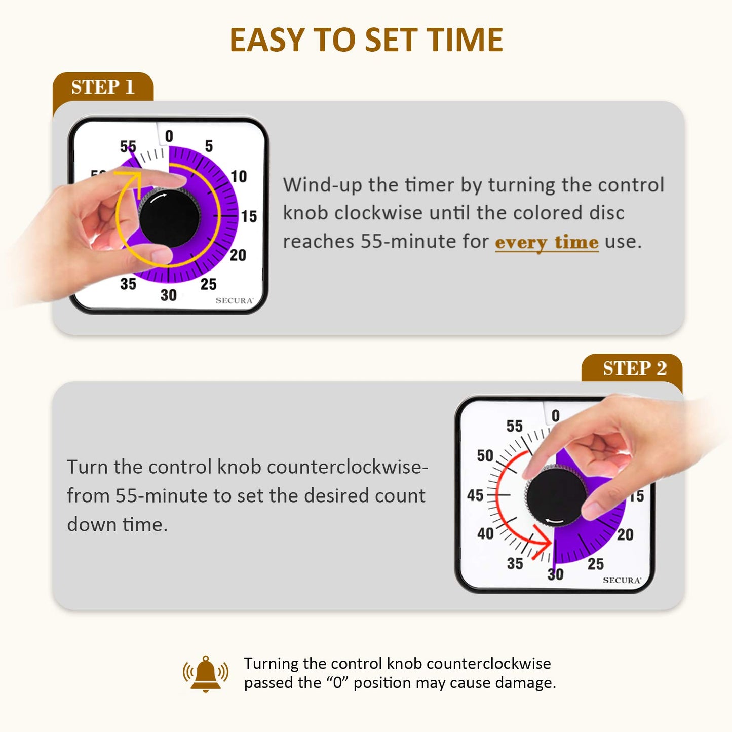 Secura 60-Minute Visual Countdown Timer, 7.5-Inch Oversize Classroom Visual Timer for Kids and Adults, Durable Mechanical Kitchen Timer Clock with Magnetic Backing (Purple)