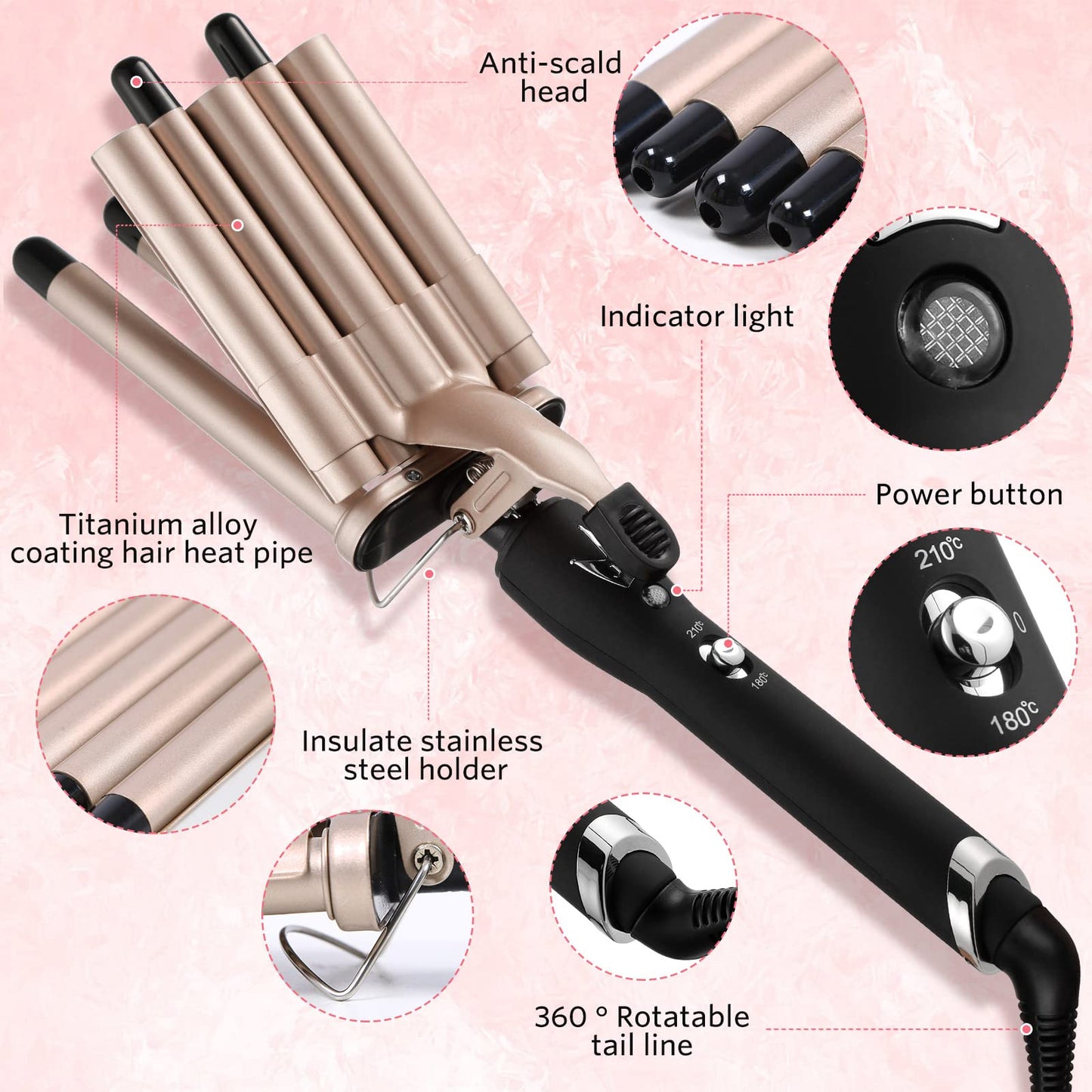 Hair Crimper Iron 5 Barrel Curling Iron Wand, 0.6 Inch Hair Waver Curler Ceramic Tourmaline Hair Styling Tool with Dual Voltage (0.6 Inch)