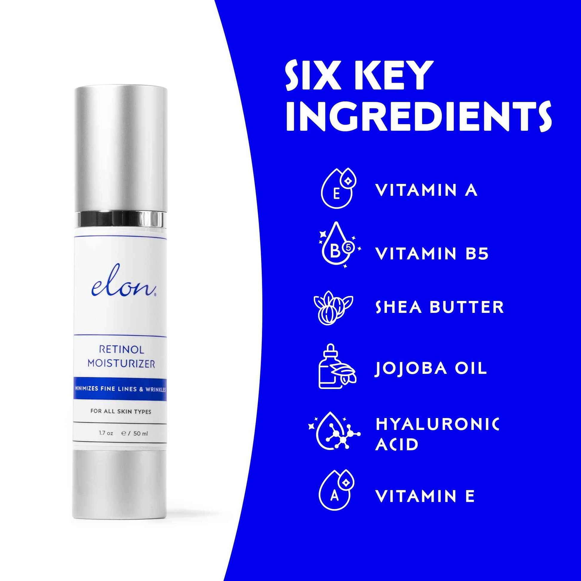Elon Retinol Moisturizer Cream for Face — Hyaluronic Acid Moisturizer (1.7 Oz) — Anti-Aging Skin Care Products To Minimize Fine Lines & Wrinkles - w/Vitamin A, Vitamin E, & Jojoba Oil