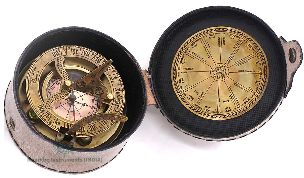 RII Antique Nautical Directional Magnetic Sundial Brass Compass, Antique Decor Birthday Gifts for Men, Astrolabe for Him, Baptism Gifts with Engraved Quotes, Sun dial in Leather Case