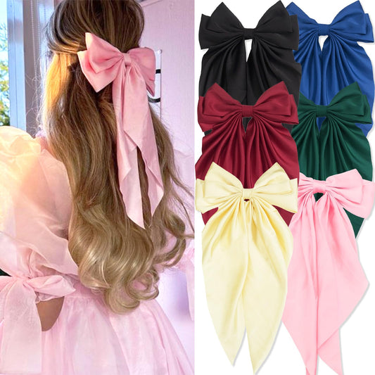 FULZTEY Hair Accessories - Bow-knot Black Barrettes with Soft Ribbons, Metal Clamp Hair Clips for Girls and Women, 6 PCS