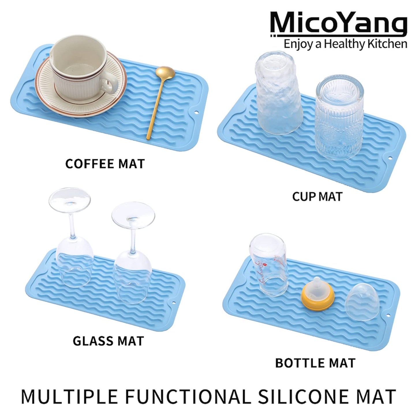 MicoYang Silicone Dish Drying Mat for Multiple Usage,Easy clean,Eco-friendly,Heat-resistant Silicone Mat for Kitchen Counter,Sink,Bar,Bottle,or Cup Light Blue S 12 inches x 6 inches