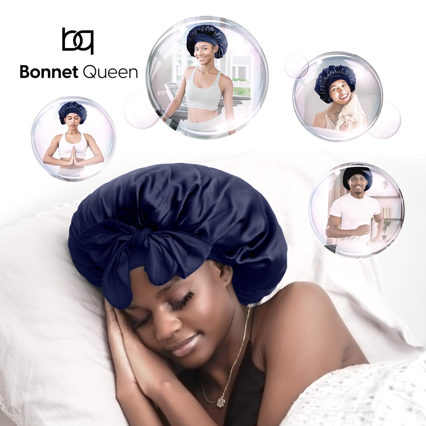 BONNET QUEEN Silk Bonnet for Sleeping Women Satin Bonnet Hair Bonnet Night Sleep Cap Scarf wrap for Curly Hair with tie Band Dark Navy Blue