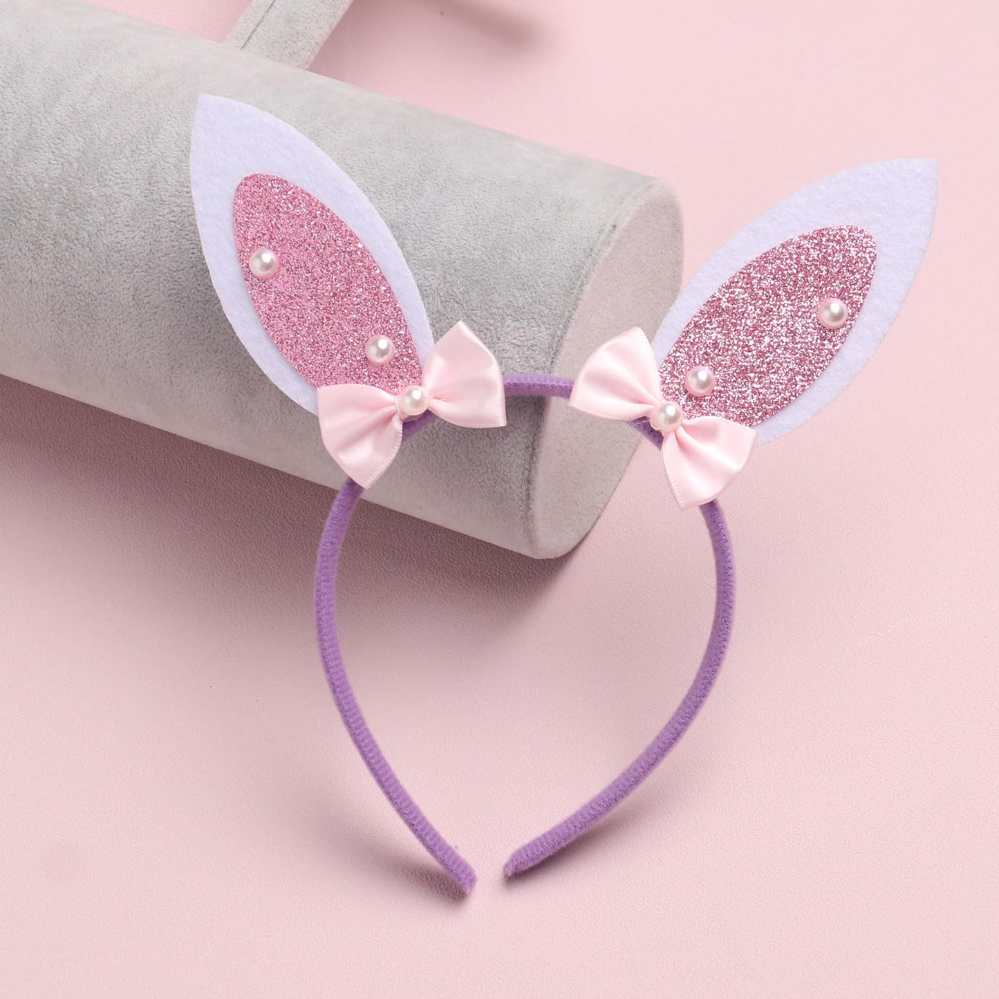 HIFANMM Easter Headbands Bunny Ears Hair Bands for Women Girls Kids, Cute Pink Rabbit Ear with Pearls Bow Hair Accessories Easter Day Decoration Headdress Party Supplies Gift Hair Hoop 1 Pcs