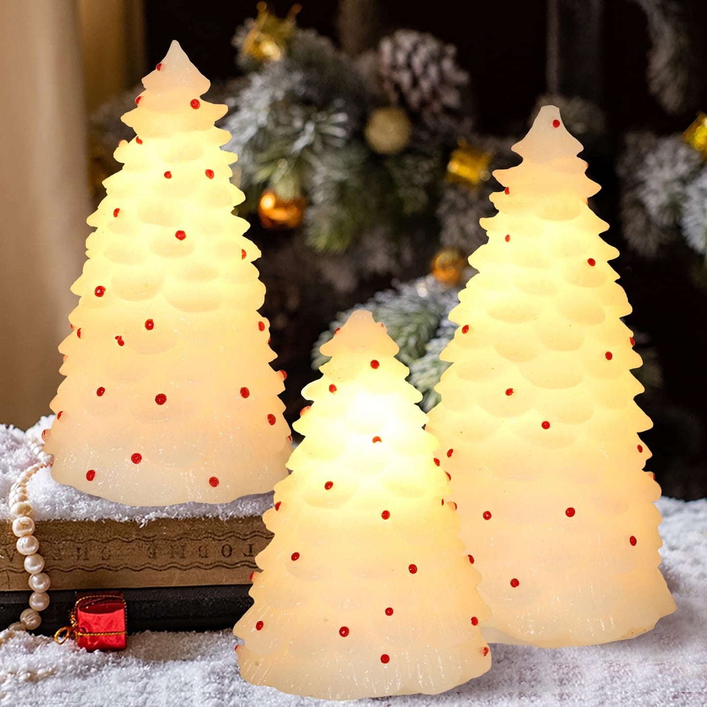 MELTONE Christmas Tree LED Candles: Handmade Carved Real Wax Holiday Flameless Candles with Remote - Home Party Bedroom Xmas Holiday Decorations - Set of 3