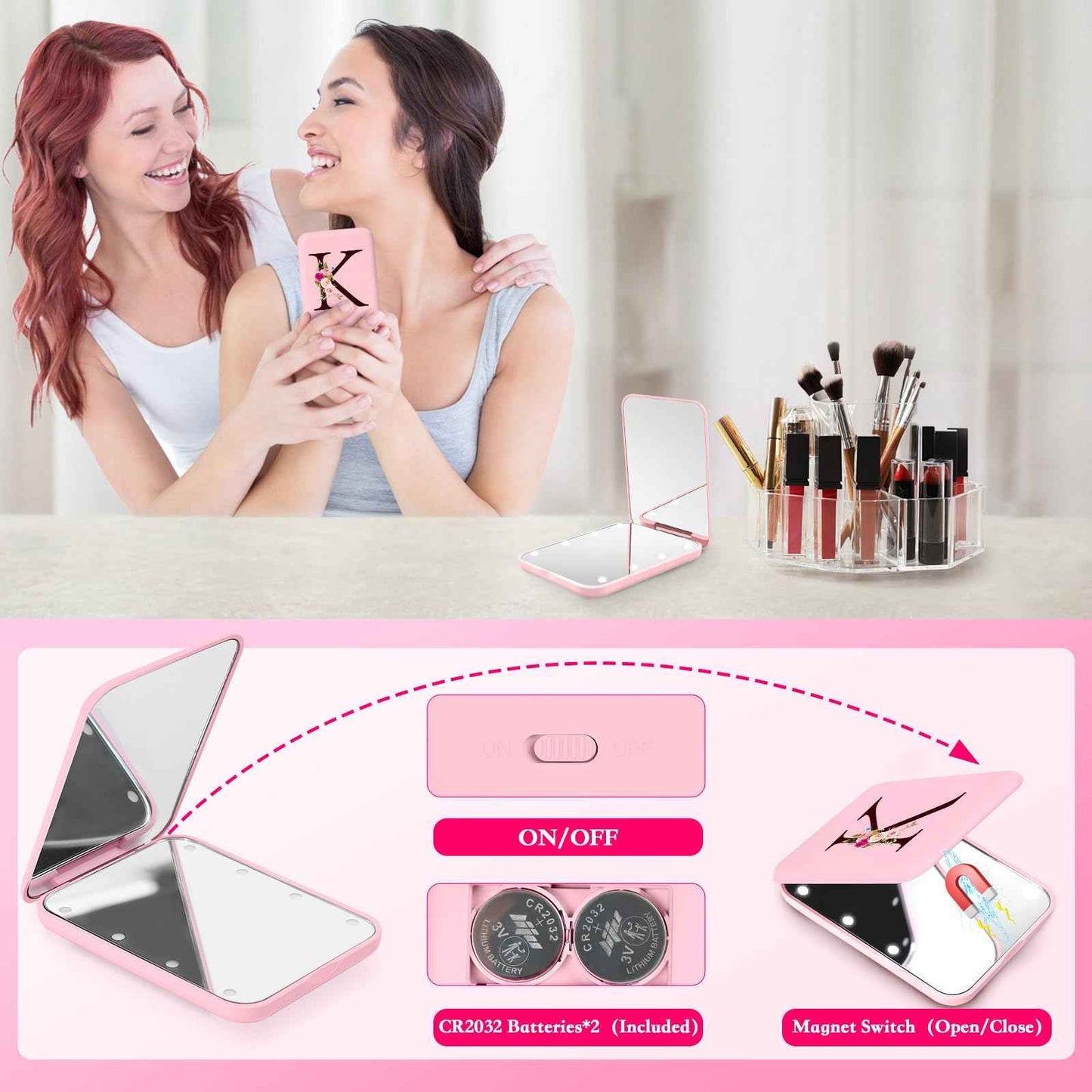 KEWWADB Travel Mirror with Lights, Initials Portable Compact Mirror, Travel Essentials, Suitable Gifts for Mom（Pink，K）