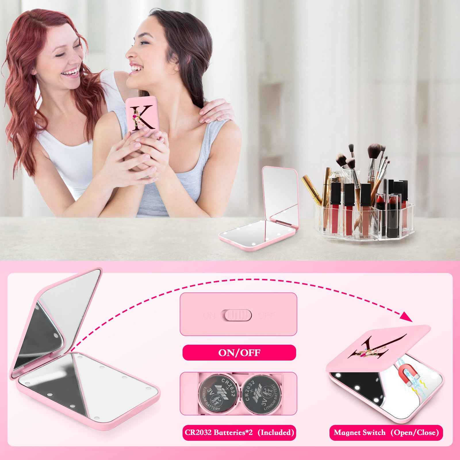 KEWWADB Travel Mirror with Lights, Initials Portable Compact Mirror, Travel Essentials, Suitable Gifts for Mom（Pink，K）