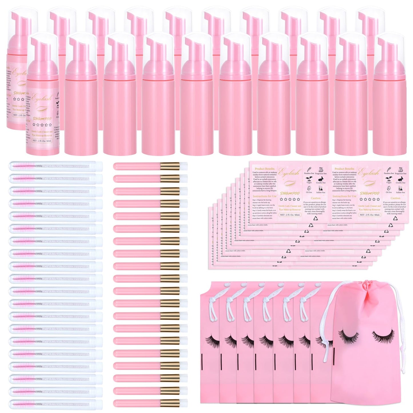 100 Pcs Lash Shampoo Bottle Brushes Set, Empty Lash Shampoo Bottles, Lash Shampoo Label Stickers, Mascara Wands Tubes Eyelash Brush, Lash Cleansing Brushes, Bag for Lash Extensions Aftercare(Pink)