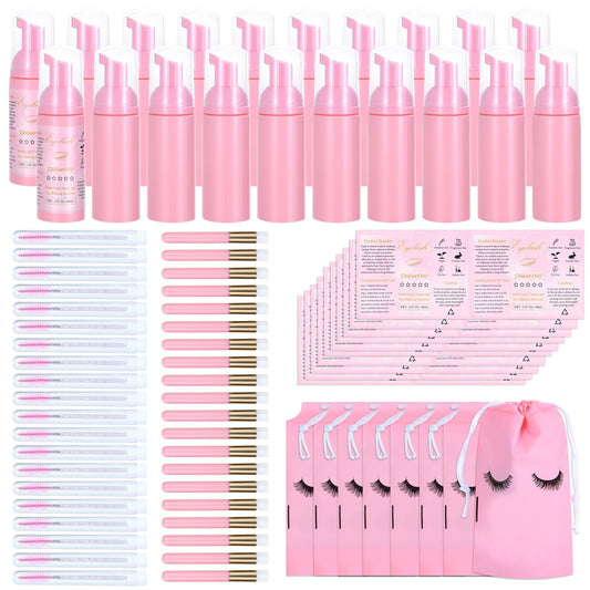 100 Pcs Lash Shampoo Bottle Brushes Set, Empty Lash Shampoo Bottles, Lash Shampoo Label Stickers, Mascara Wands Tubes Eyelash Brush, Lash Cleansing Brushes, Bag for Lash Extensions Aftercare(Pink)