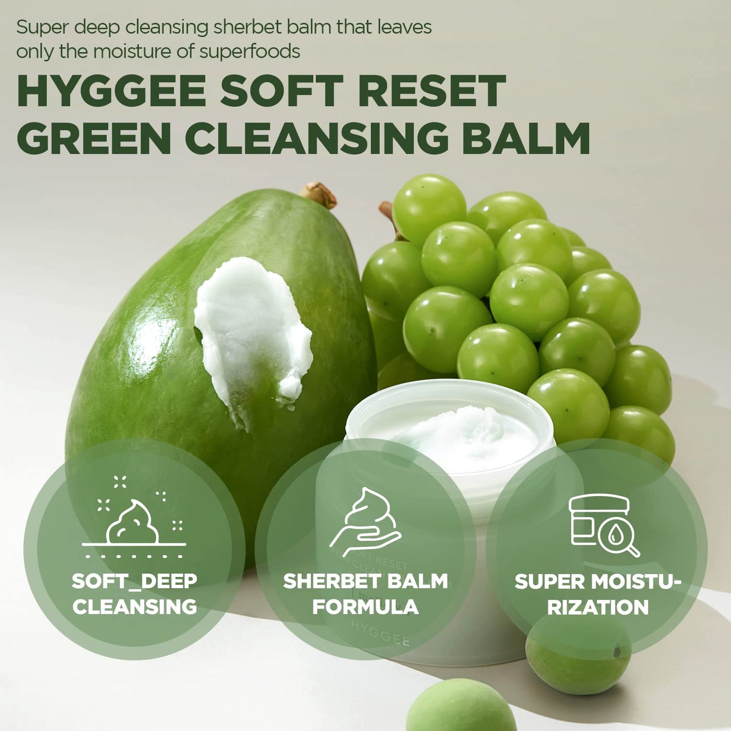 HYGGEE Soft Reset Green Cleansing Balm - Vegan Gentle Makeup Remover Sherbet Cleanser - Milky Oil Based Cleanser - Tea Tree Extract & Jojoba Oil - Hypoallergenic for Sensitive Skin, 3.38oz.