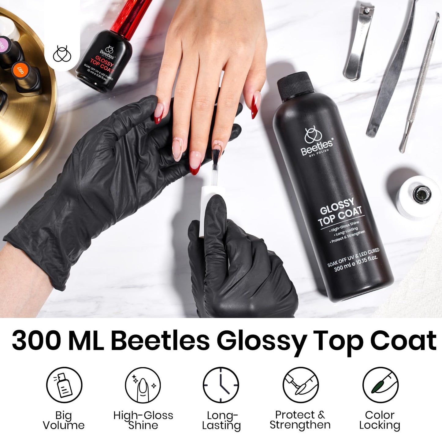 beetles Gel Polish 300ml No Wipe Gel Top Coat, Super Large Capacity High Shine Top Coat Refill Upgrade Clear Glossy Gel Nail Polish Nail Art Supplies for Nail Techs Manicure Store or Nail Salon Lover