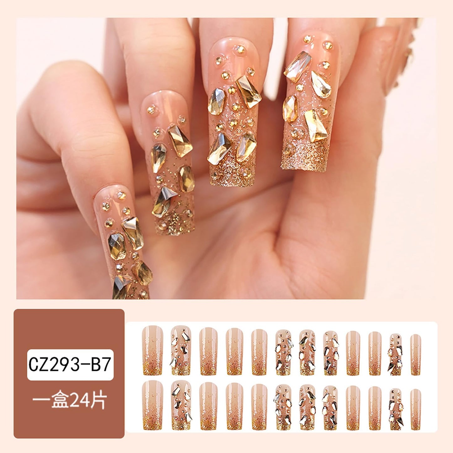 Rilafuvu Press on Nails Long Fake Nails Nude Glue on Nails Rhinestones Acrylic Nails French Nails Glitter Artificial Nails False Nails Press on Nail Stick on Nails for Women and Girls 24Pcs