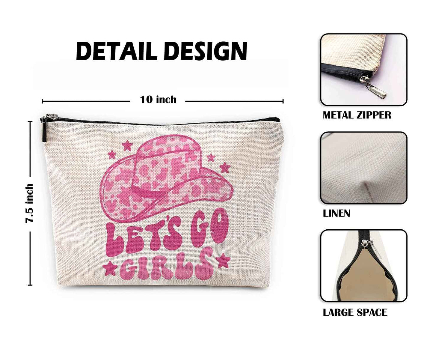 Sufamb Let's Go Girls Hot Pink Preppy Glitter Cowgirl Hats Makeup Bag,Western Country Cowgirl Cosmetic Pouch for Women Girls,Christmas Birthday Gifts for Teen Girls,Cowgirl Gifts for Girls