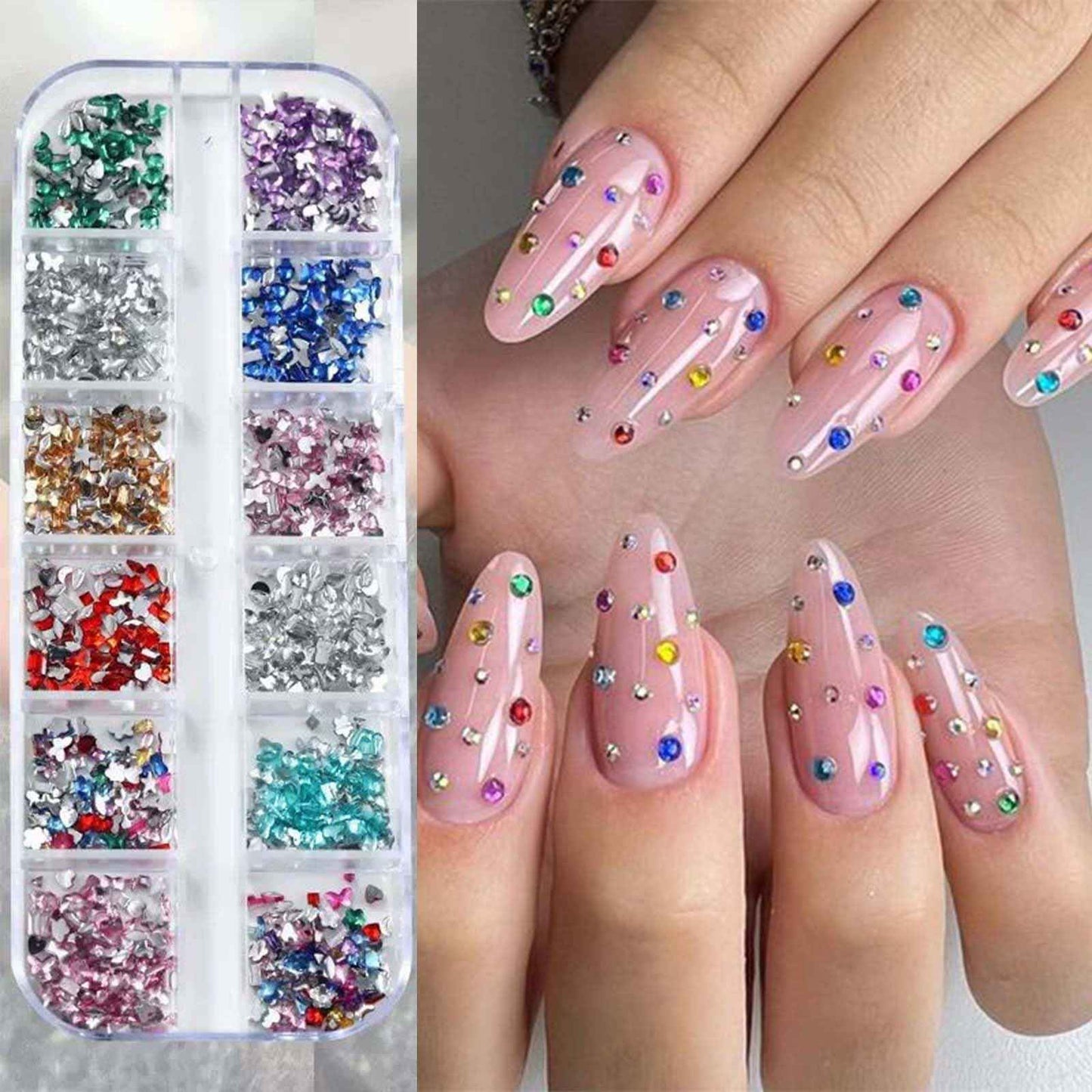ONPRESS 4Boxes/48Gird 4000Pcs Colorful Rhinestones Nail Art Charms 3D Flatback Rhinestones for Nails Art Design Heart Star Flower Nail Diamonds Kawaii Nail Crafts Acrylic Diamonds for Women Manicure