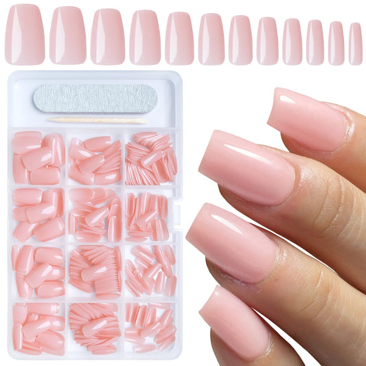 AddFavor 300pcs Coffin Press on Nails Medium Fake Nails Glossy Jelly Pink Nails Ballerina Square Nail Press on Acrylic False Nail for Women Girls