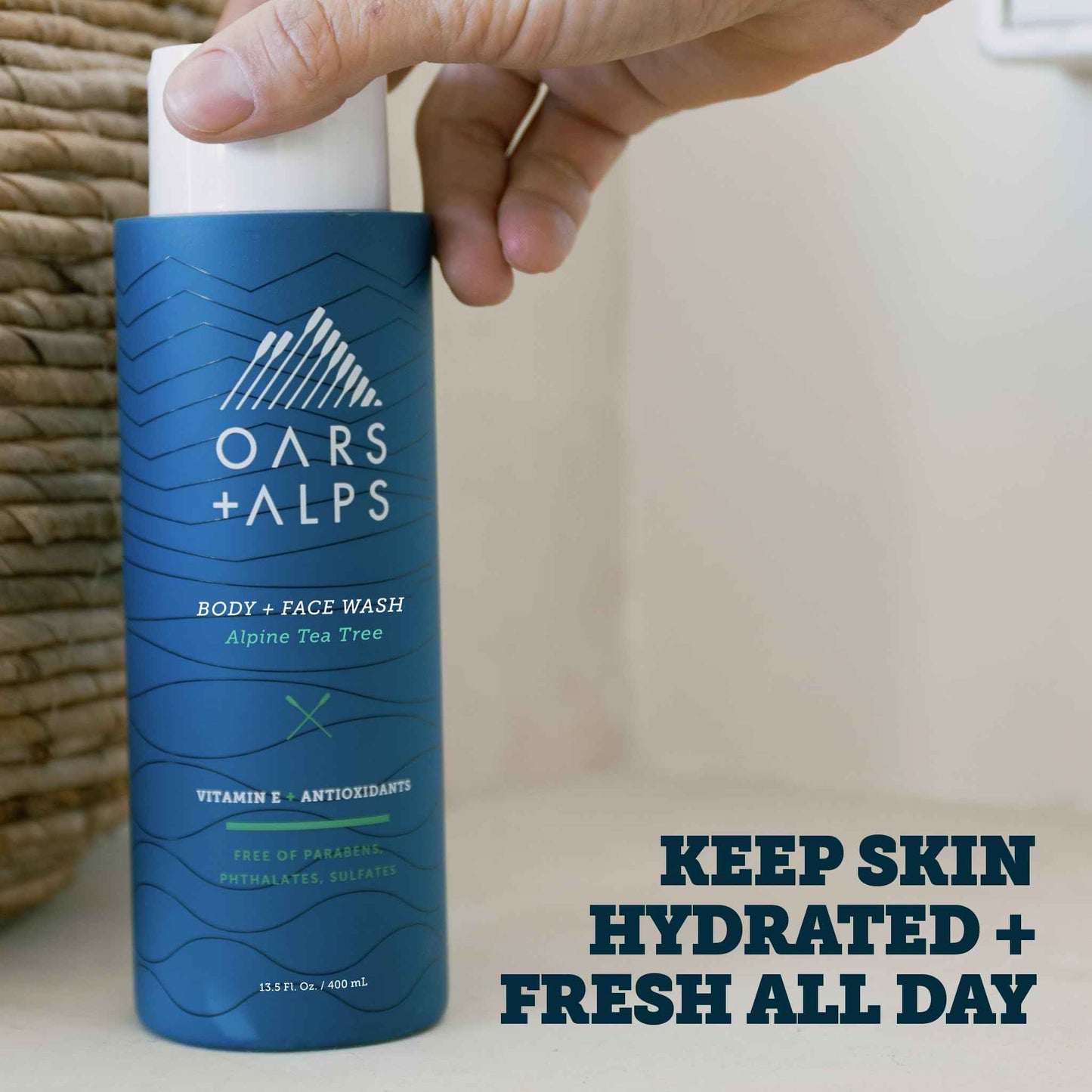 Oars + Alps Body and Face Wash for Men, Mens Body Wash & Face Cleanser with Vitamin E and Antioxidants, Moisturizing, Hydrating, Paraben & Sulfate Free Cleanser, Alpine Tea Tree, 3pk