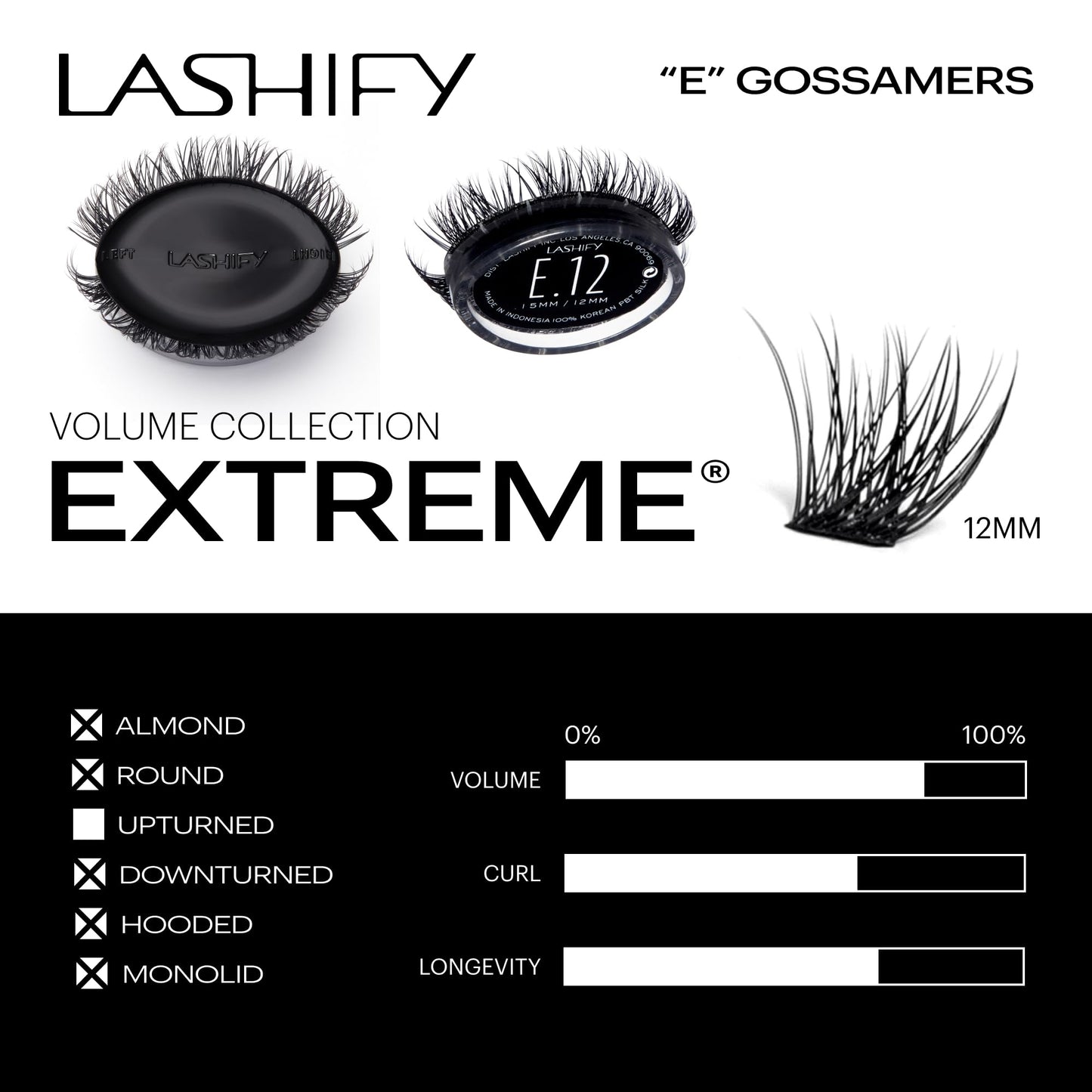 Lashify Extreme 12mm Gossamer DIY Eyelash Extensions Refill, Black, Easy False Lashes To Add Tremendous Volume