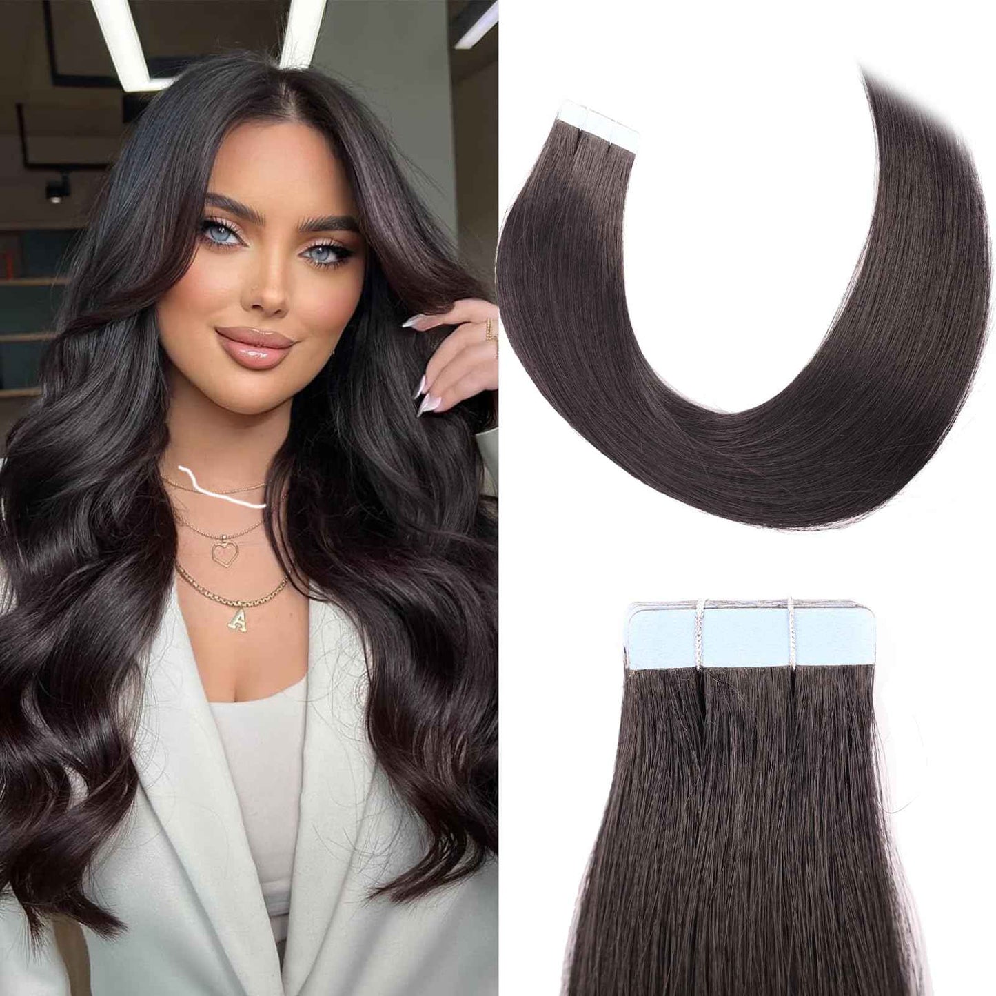 Tape in Hair Extensions Human Hair,18 Inch Human Hair Tape in Extensions 20PCS Natural Black Remy Real Human Hair for Women Invisible Straight Hair Extensions Real Human Hair