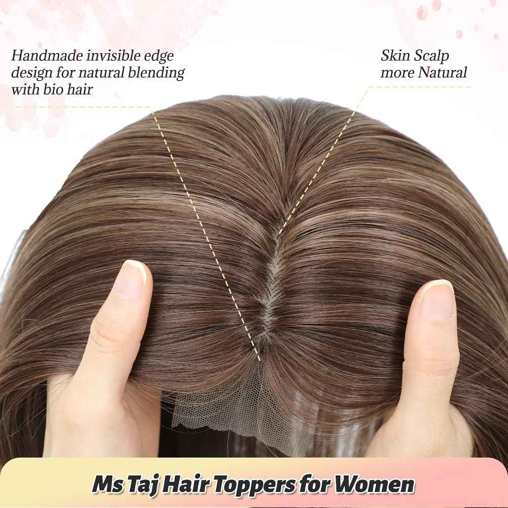 Uniferry Hair Toppers for Women Real Human Hair 12inch 13x14cm(5.1x5.5inch) Swiss Base 360°3D With Thinning Upgrade Middle Part Clip in Wispy Bnags (Brown,French)