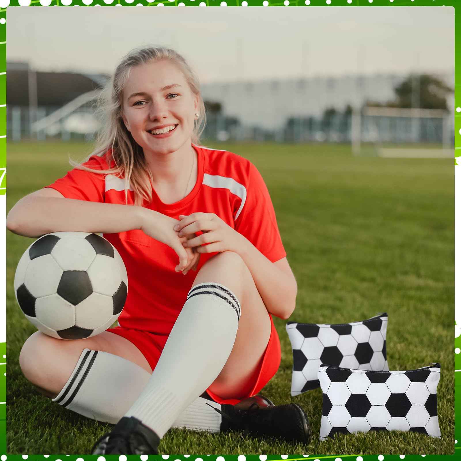 Sweetude 24 Pcs Soccer Sport Makeup Bag Cosmetic Bags Black and White Soccer Gift for Player Party Favor Bags with Zipper Travel Portable Storage Organizer for Women