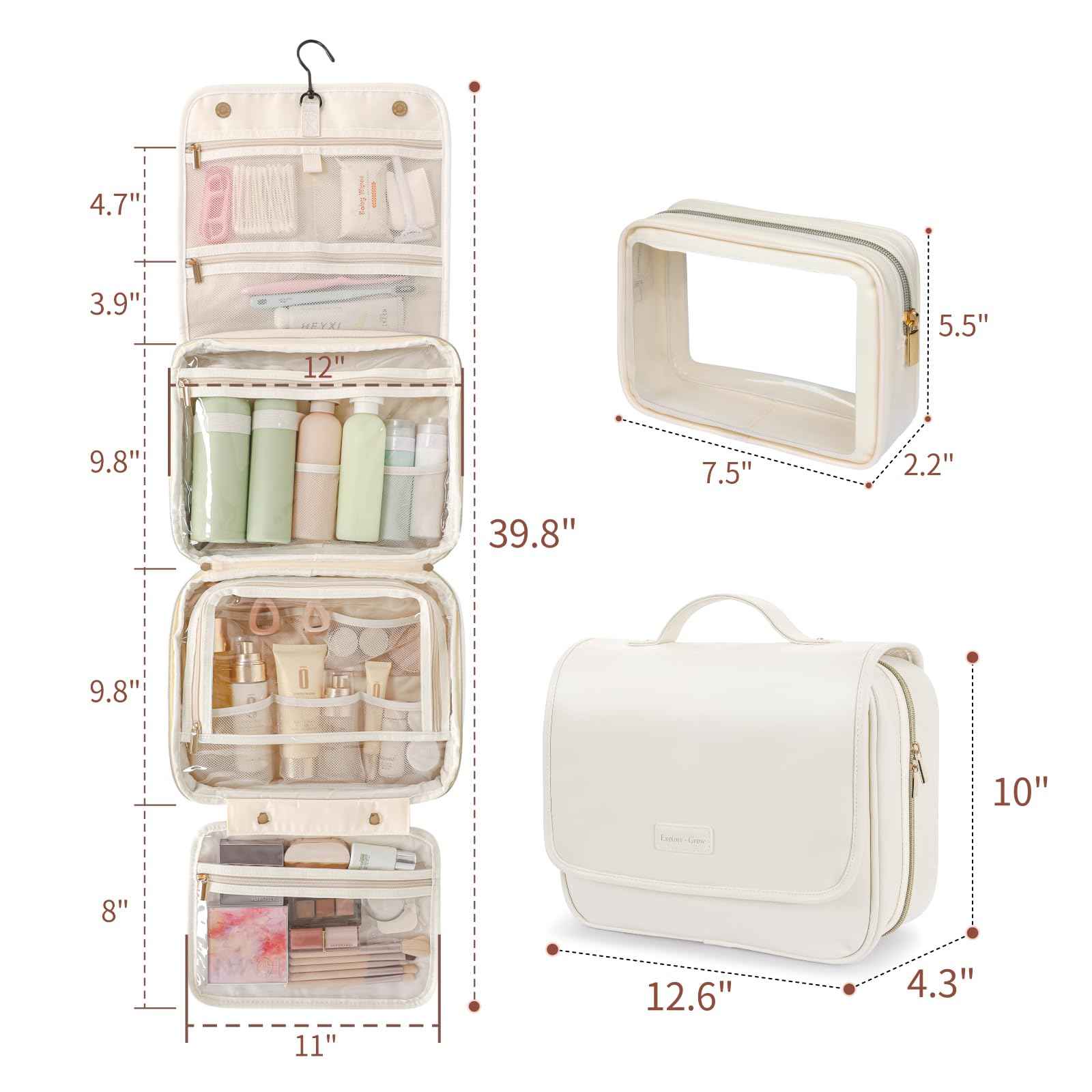 PACKISM Hanging Travel Bag for Traveling with Clear Makeup Bag - Soft Leather Waterproof Travel Toiletry Bag for Full-Sized Toiletries and TSA Approved Toiletry Bag, Off White (L)