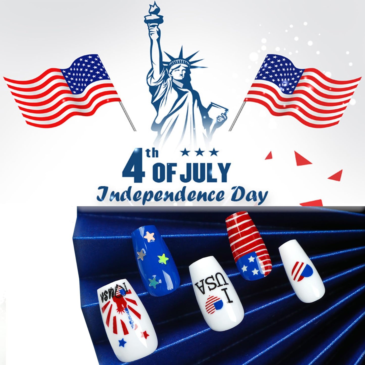 24Pcs 4th of July Press on Nails Medium Coffin Fake Nails Glossy Red Blue American Flag Glue on Nails Independence Day Patriotic False Nails with Star Heart Design Artificial Nails for Women and Girls