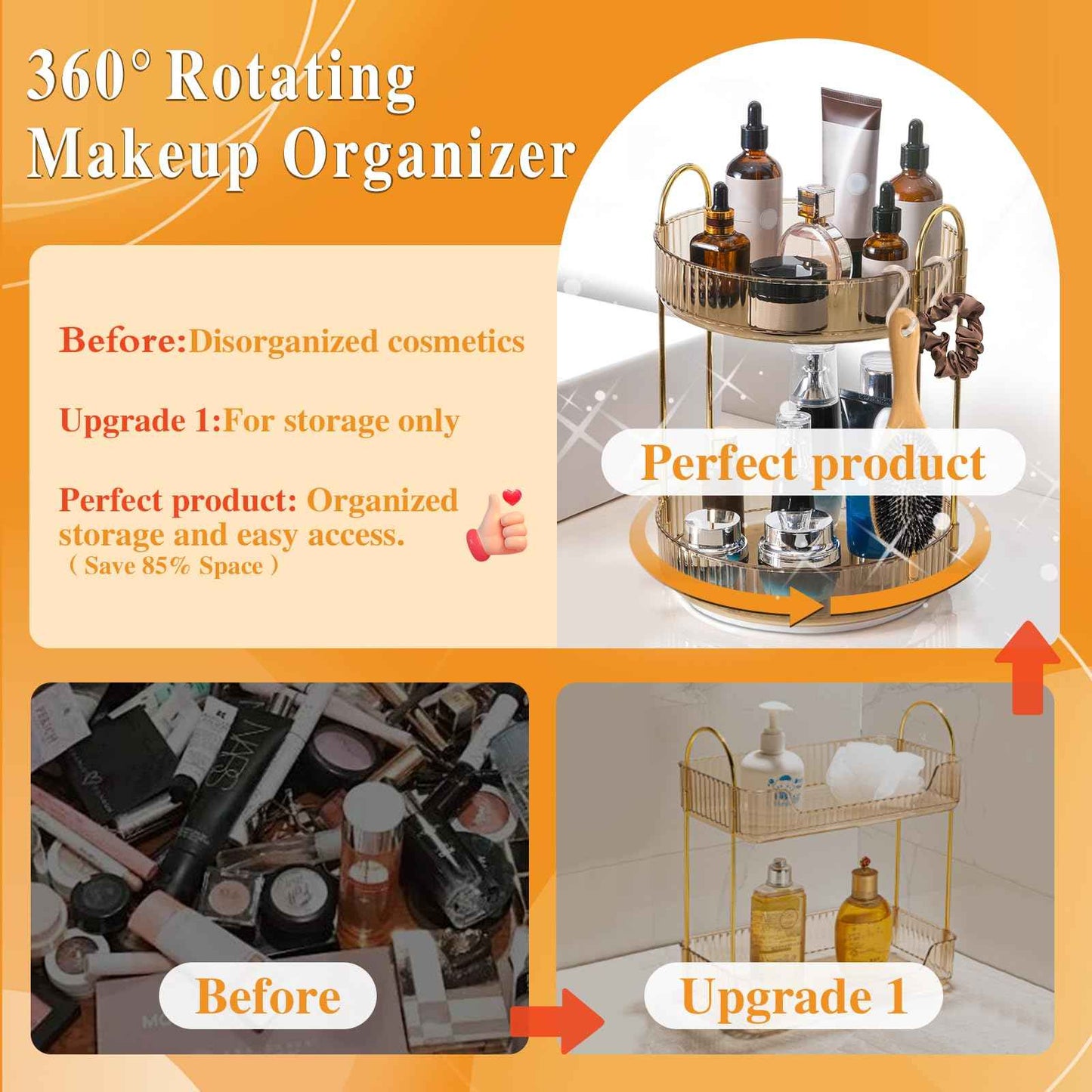Megapuxin Rotating Makeup Organizer for Vanity,Large Perfume Organizers Skincare Make Up Storage Perfume Organizers Countertop Organizer with Extra Hooks and Stickers for Bathroom