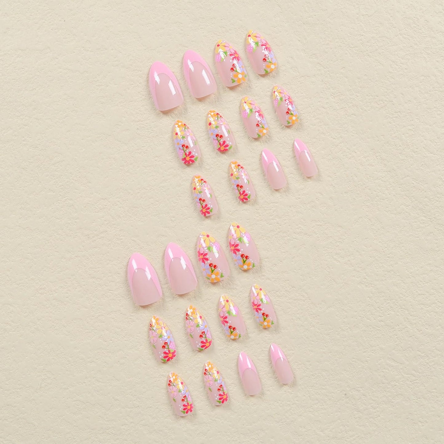 MISUD Press on Nails Medium Almond Fake Nails Glossy Glue on Nails Summer Flower Acrylic Nails Stiletto Artificial Nails Pink French Tip Stick on False Nails with Design 24 pcs