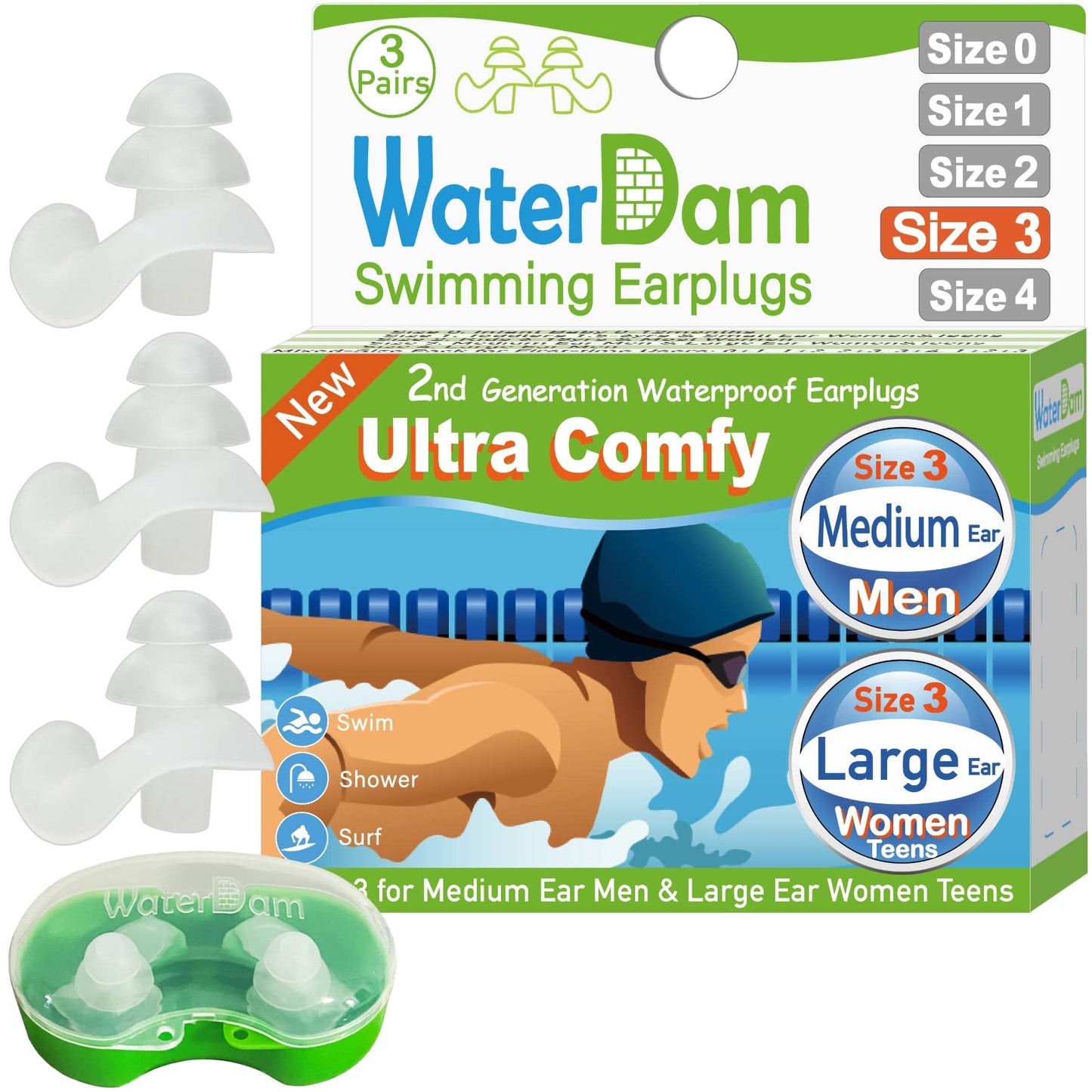 WaterDam Swimming Ear Plugs Great Waterproof Ultra Comfy Earplugs Prevent Swimmer's Ear