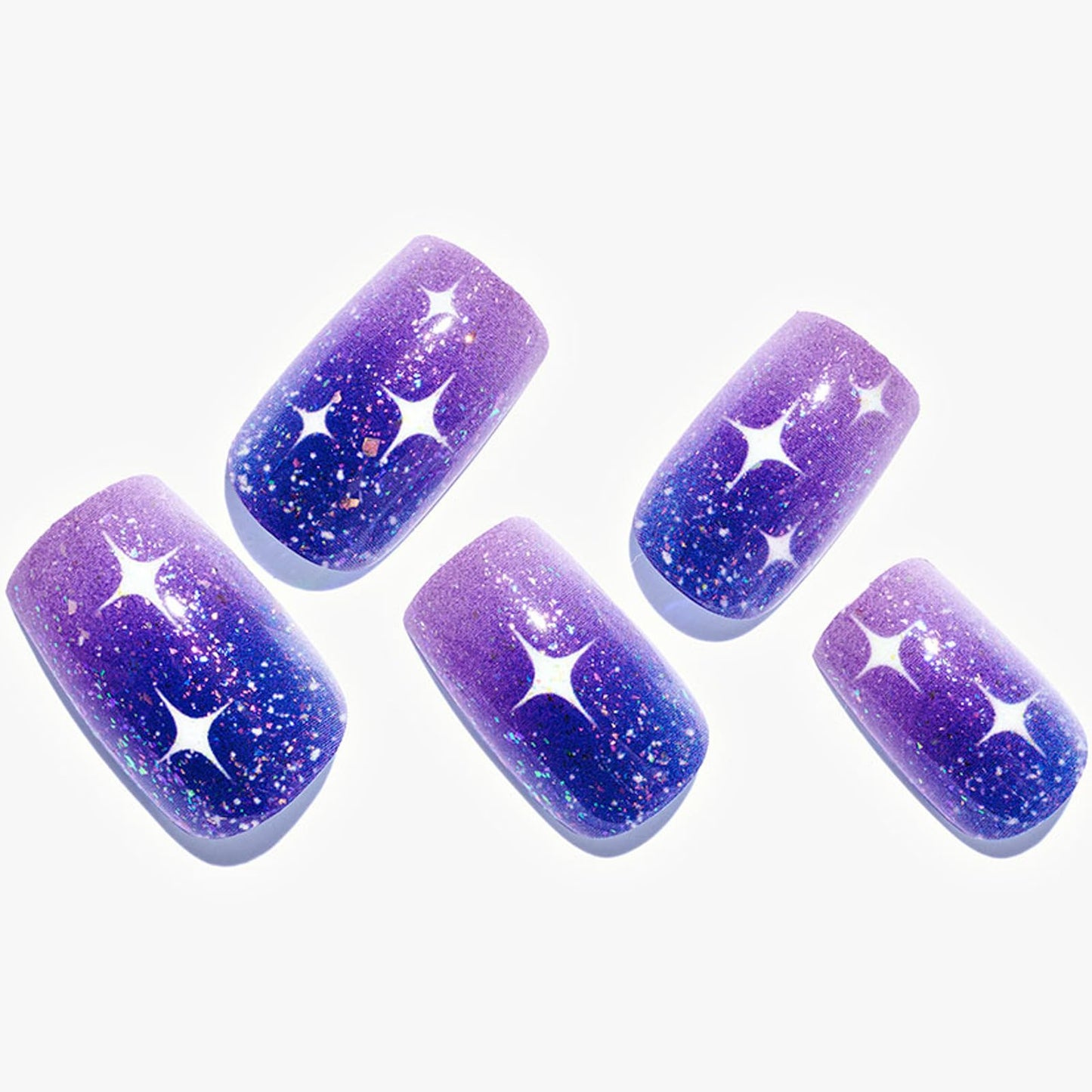 GLAMERMAID Glitter Press on Nails Medium Square, Blue Purple Ombre Jelly Soft Gel Fake Nails Short Square, Flash Star Galaxy Glue on Nails Glitter, Shrimmer Gloss Stick on False Nails Kit for Women