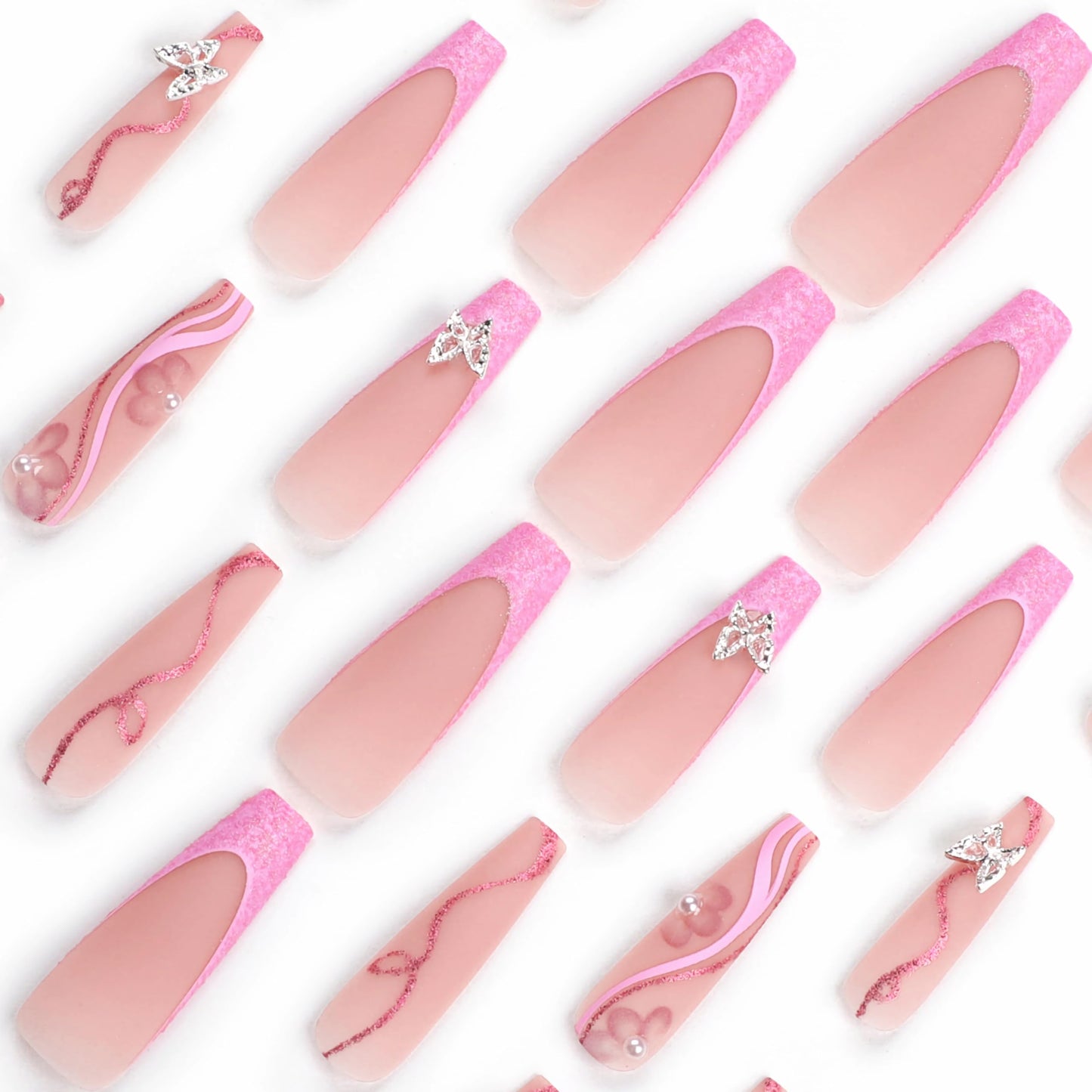 BABALAL French Tip Press on Nails Long Coffin Fake Nails Pink Swirl Glue on Nails 3d Metallic Butterfly Charm Design Bling Acrylic Nails 24Pcs Ballerina Manicure False Nails for Women and Girls