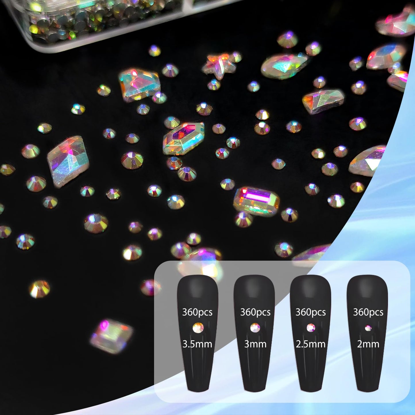 Sikkis Nail Rhinestones 3D Glass AB, 1600pcs Nail Crystal Stone Multi Shape Flatback Gems for Nail Art with Rhinestones Picker and Tweezers for Nail DIY Craft Decoration - Iridescent