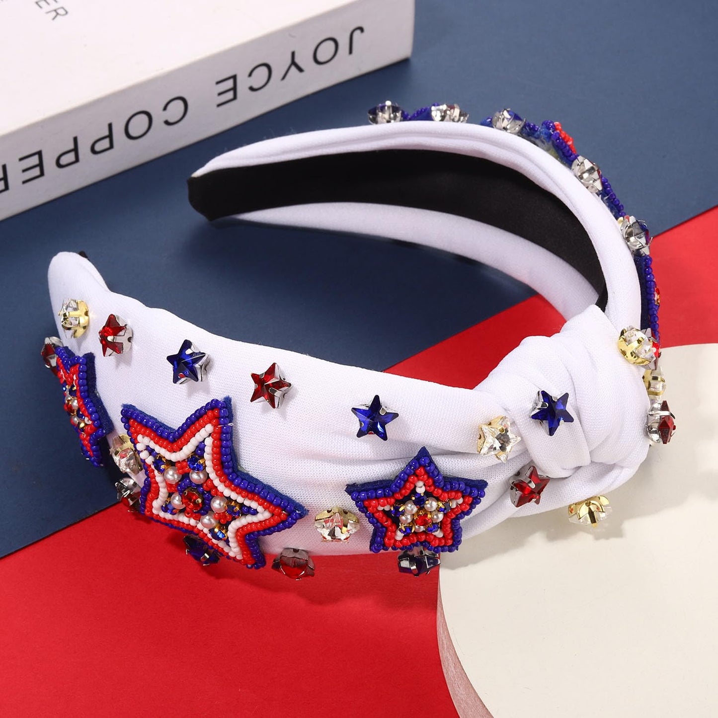 CEALXHENY 4th of July Headbands for Women, American Flag Patriotic Rhinestone Pearl Knotted Beads Embellished Jeweled White Headband Holiday Gifts