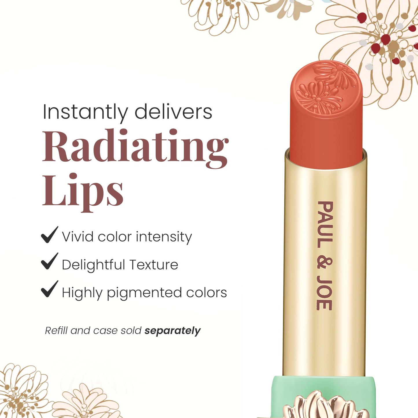 Paul & Joe Moisturizing Lipstick Refill Only, Case Sold Separately, Long Lasting Lipstick for Highly-Pigmented Lip Color, 21 Canary Humming, Cheerful Cream Orange Lip Stick, 0.10 oz