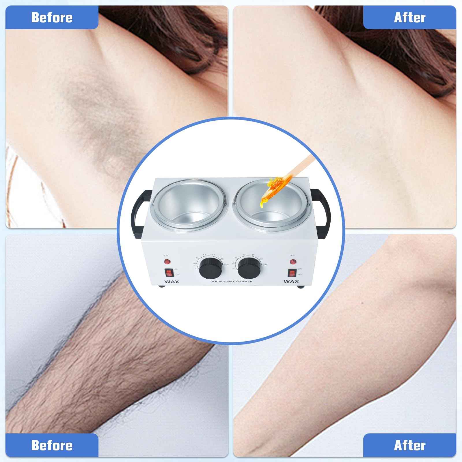 Wax Warmer Double Pot, Professional Electric Heater for Facial, Body, Spa, and Salon, 1.2L Dual Adjustable Temperature with 100 Wooden Craft Sticks, Hair Removal