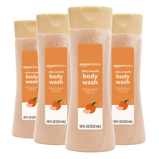 Amazon Basics Silky Smooth Body Wash, Peach and Orange Blossom Scent, 18 Fl Oz (Pack of 4)