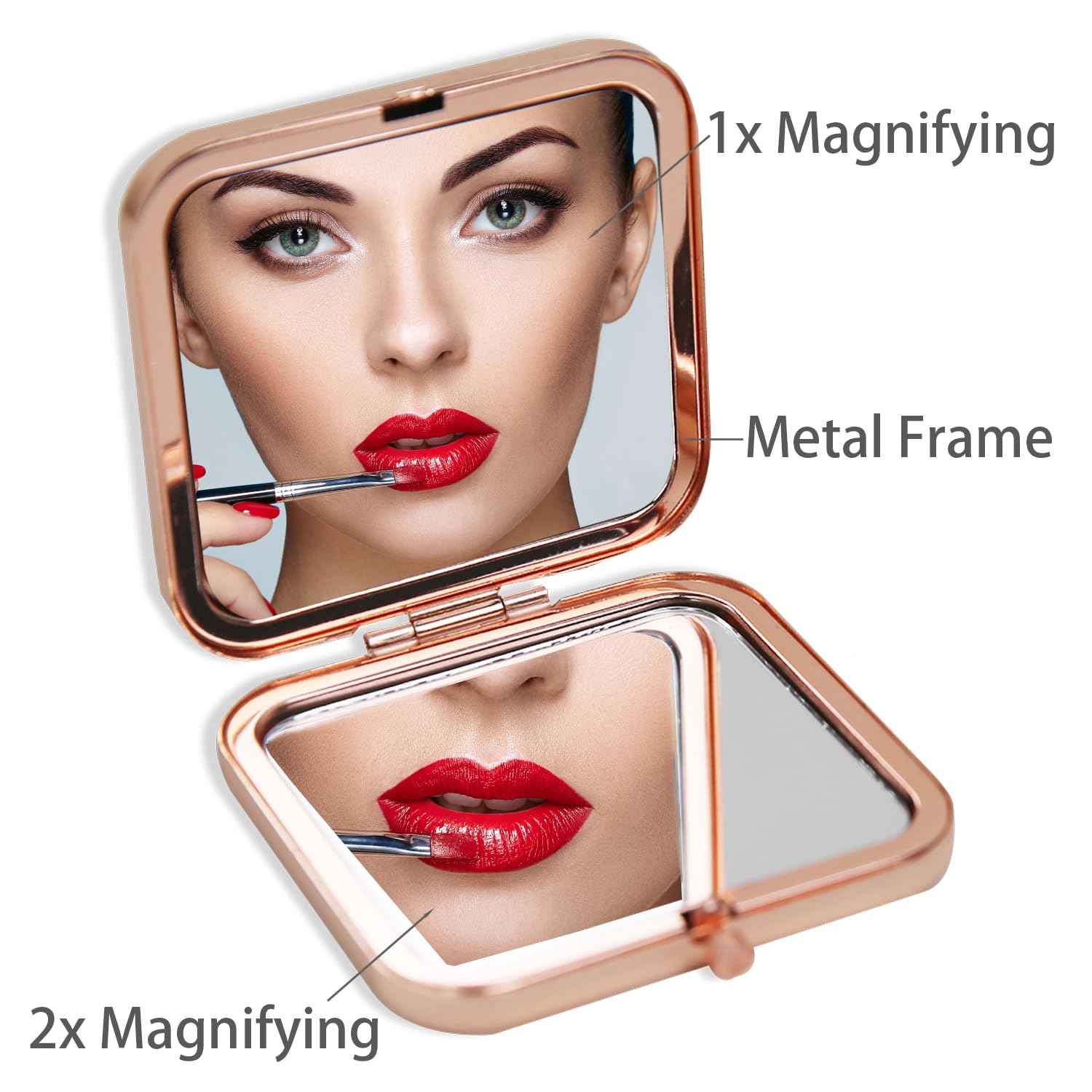 Ximruyuv Pocket Mirror for Women, Rosegold Square 2.8”×2.8” Metal Frame Double Sided Mini Magnifying 1X/2X Pocket Mirror for Men Can be Used as Gifts for Woman (D)