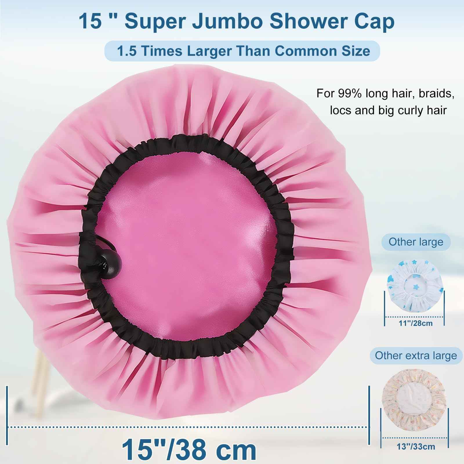 Sheomern 3 Pcs Super Jumbo Satin Lined Shower Cap for Women, Extra Large, Adjustable for Braids, Long Hair & Locs Dreadlocks