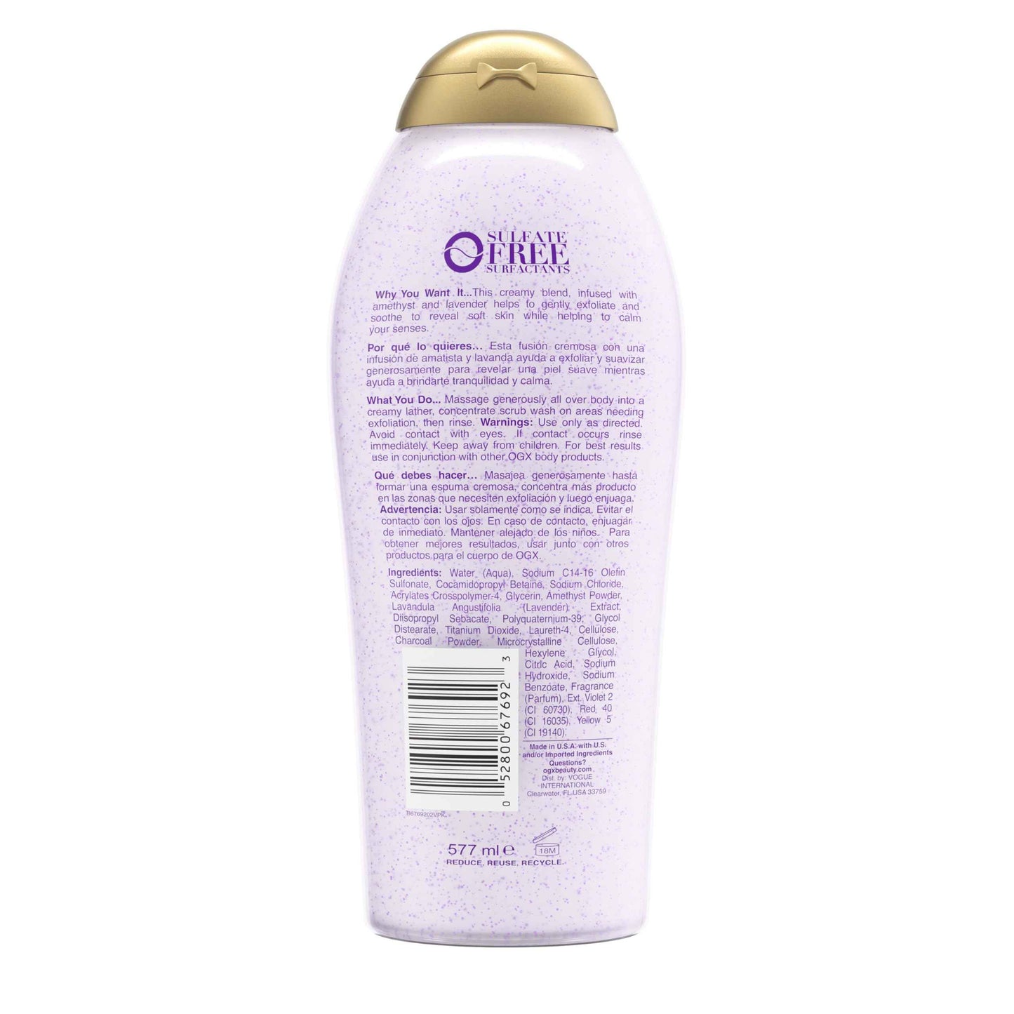 OGX Calming + Amethyst & Lavender Body Scrub & Wash, Gently Exfoliating, 19.5 fl oz
