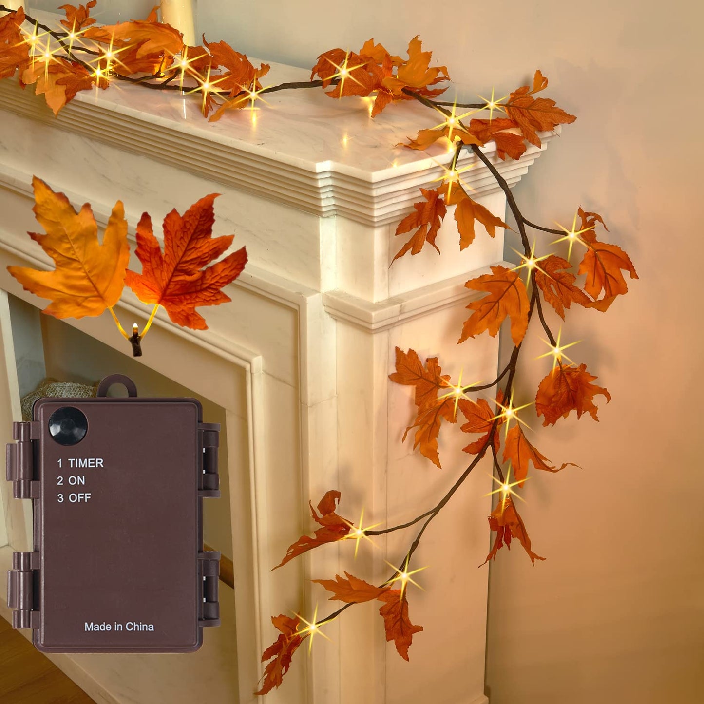 Fudios Lighted Maple Leaf Garland with Timer 24 Warm White LED 6FT for Fall Thanksgiving Decor, Artificial Garland with Lights Battery Operated Harvest Christmas Decoration Indoor Outdoor