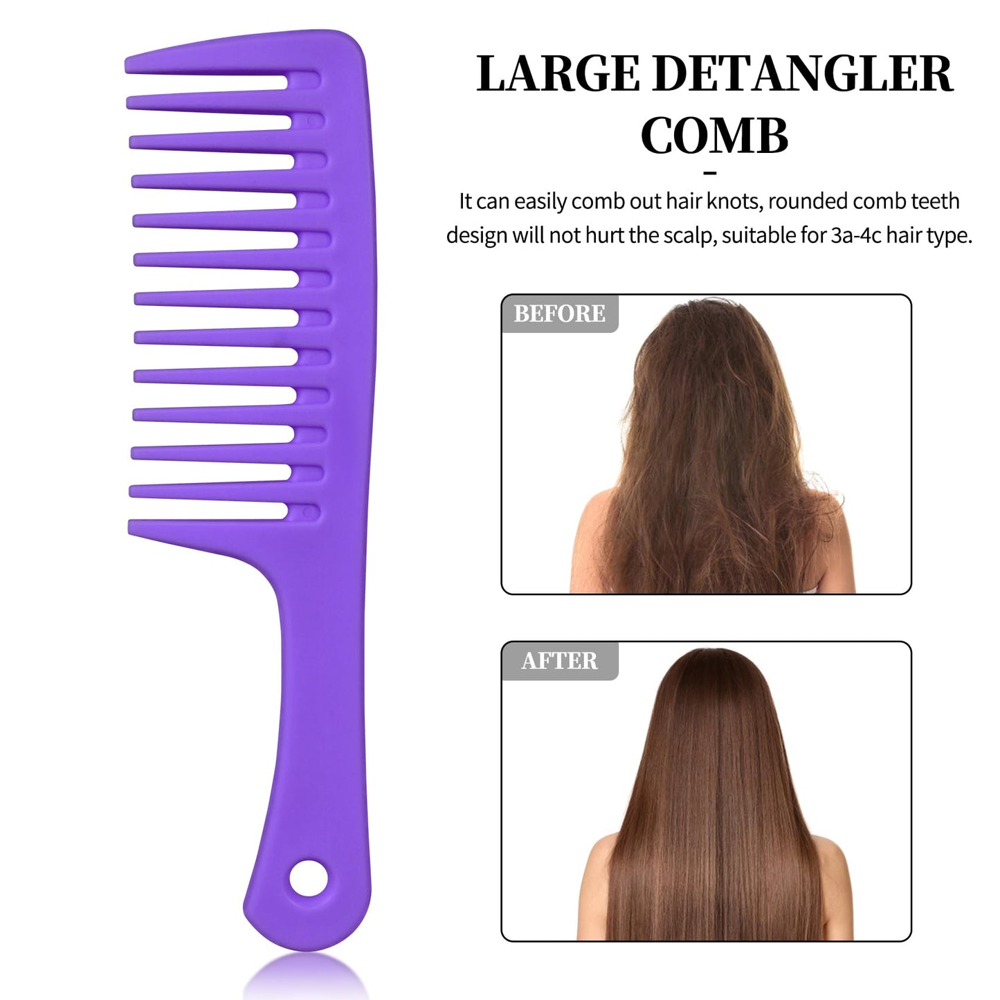 UREELIN 3PCS Wide Tooth Comb and Large Detangler Comb, Shower Comb with Hook,Hair Comb for Textured 3a to 4c Curly/Wet/Dry/Long/Thick Hair（Purple)