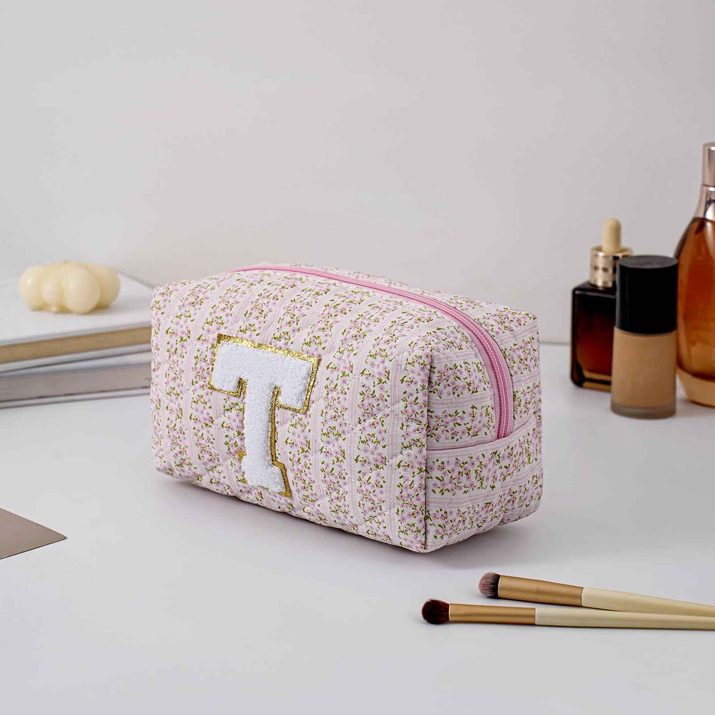 HHQQWZ Small Makeup Bag, Travel Cosmetic Bags for Women, Christmas Gifts for Girls Age 6-18, Pink Floral Zipper Makeup Pouch, Alphabet Make up Organizer Case, Travel Essentials Trendy Stuff (Pink T)