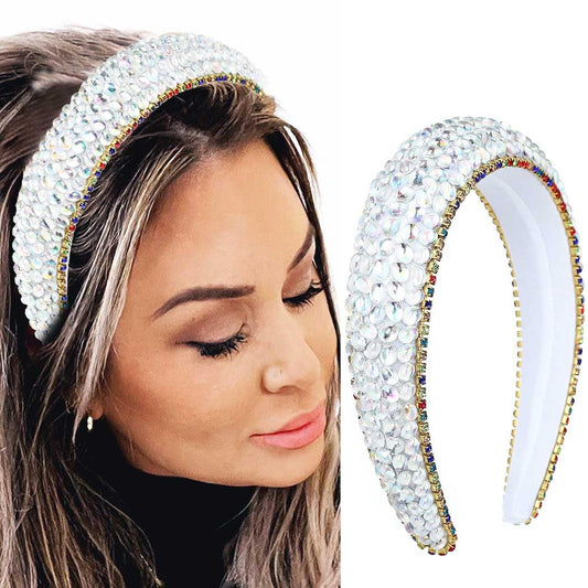 Coridy Colorful Beaded Headbands Wide White Headbands for Women Baroque Padded Hairbands Oval Crystal Hairbands Fashion Bejewelled Hair Hoop Accessory for Women Gift (White)