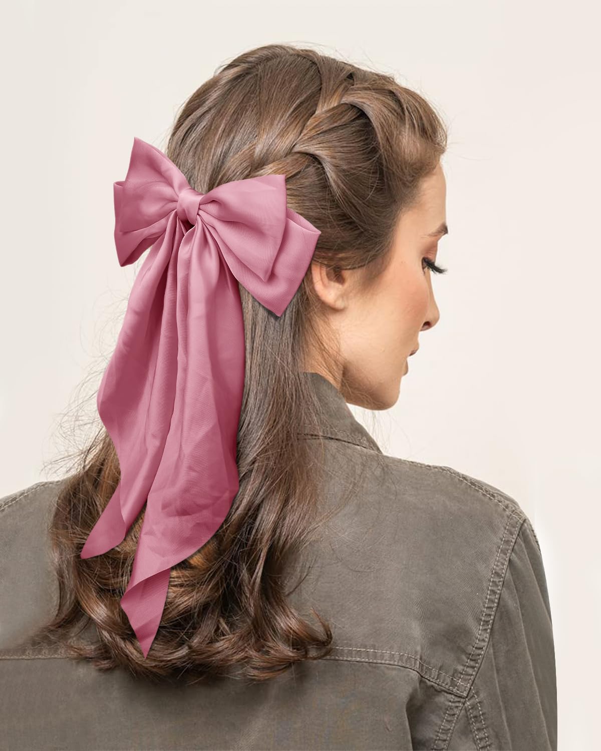 2Pcs Silky Satin Hair Bows with Long Tail for Women - Korean Pink Coquette Ribbon Clips, Aesthetic Hair Bows & Clips