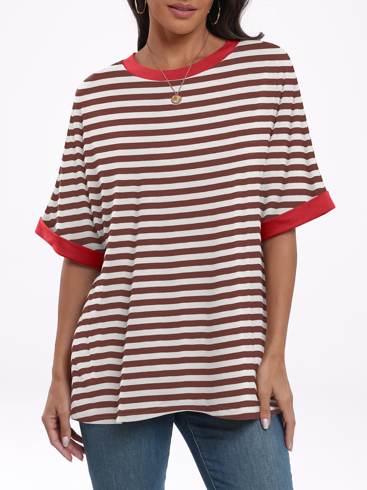 ANRABESS Women's Oversized T Shirts Striped Short Sleeve Crewneck Summer Tops Casual Loose Basic Tee Shirts 2024 Trendy Clothes Brown-White Small