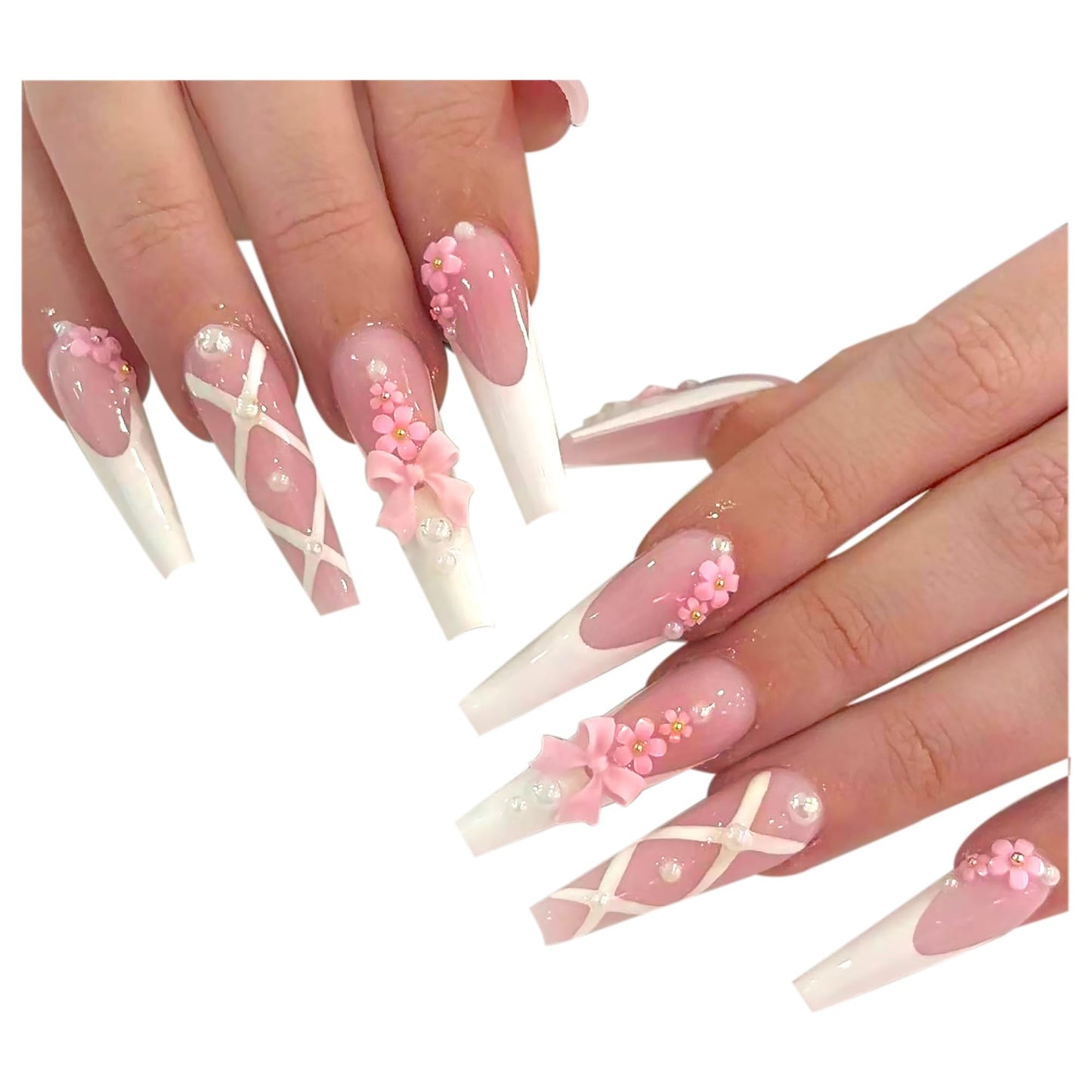 Pink Press on Nails Kit Floral Pearl French Tip Nails Press Ons Medium Long Charms Gems Fake Nails Artificial Coffin Gel Like Glossy 3D Flower Bowknot Net False Nail Manicure for Women and Girls-24pcs