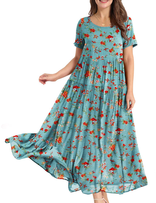 YESNO Women Casual Loose Bohemian Floral Dress with Pockets Short Sleeve Long Maxi Summer Beach Swing Dress S EJF CR14